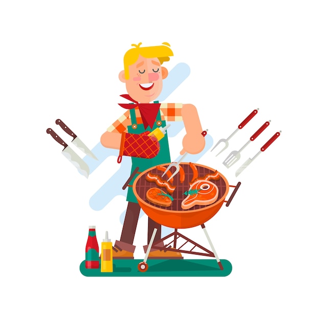 Homme Gai Cuisson Steak Sur Le Barbecue En Plein Air. Disposition Carrée. Illustration Vectorielle De Design Plat.