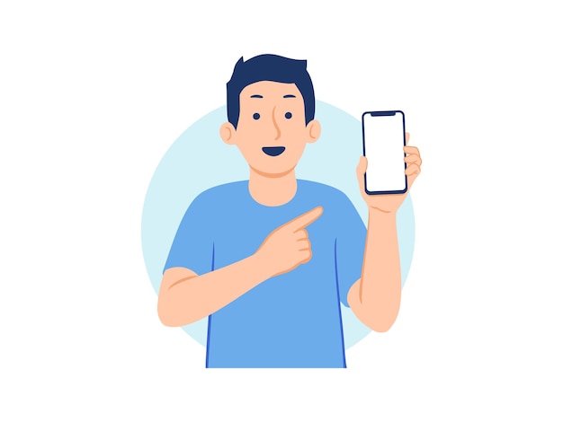 Homme Gai Tenant Et Montrant Le Téléphone Avec La Main Pointant Sur L'illustration Du Concept De L'écran Du Téléphone