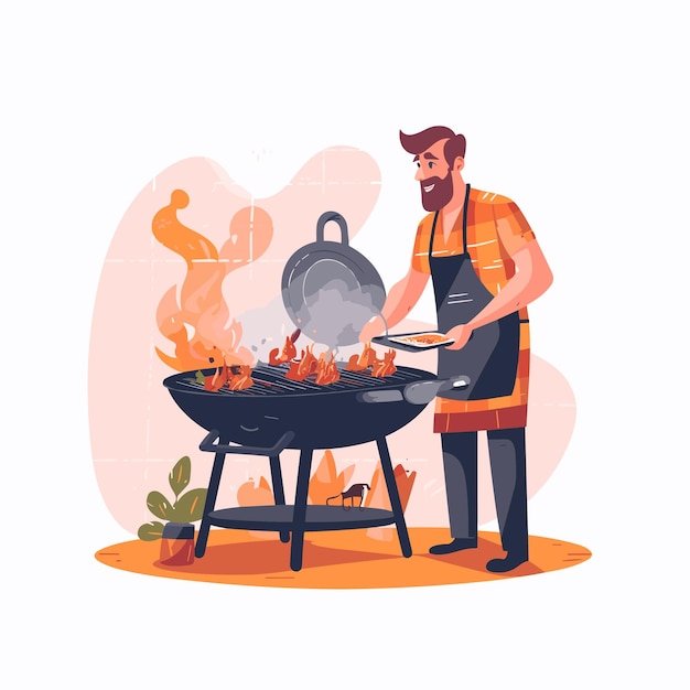 Vecteur un homme griller des steaks juteux sur un barbecue avec les flammes et la fumée illustration vectorielle