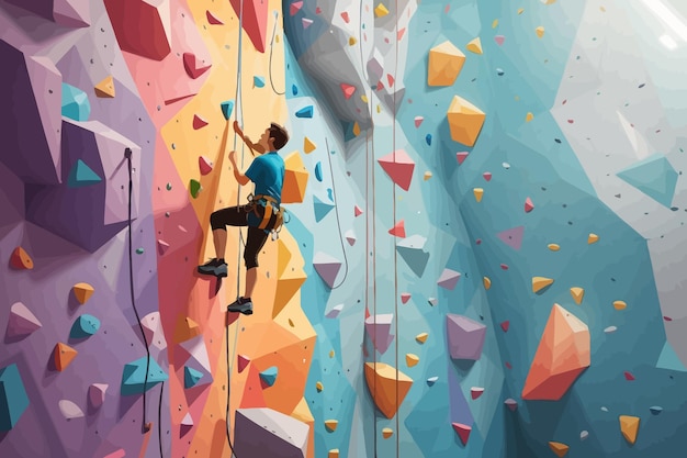 Vecteur un homme grimpant sur un mur avec un mur de roches multicolores