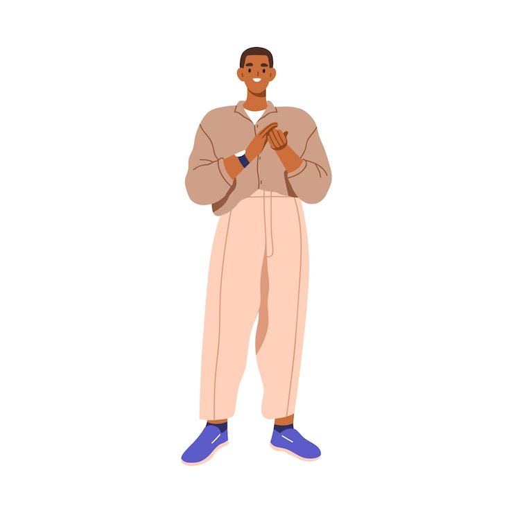 Vecteur homme heureux applaudissant avec appréciation admiration personne souriante applaudissante mains approbation geste de soutien applaudissement félicitations illustration vectorielle plate isolée sur fond blanc