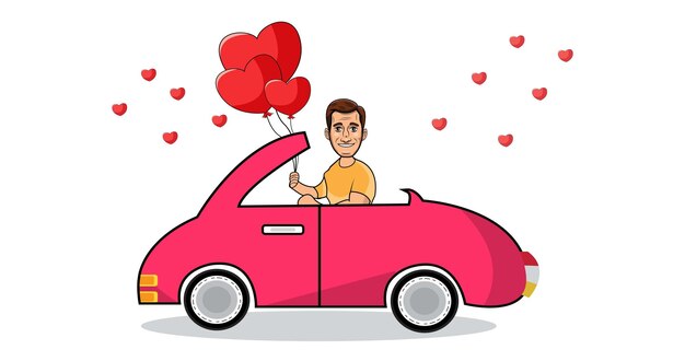 Vecteur homme heureux au volant illustration de voiture ravissante illustration de voiture décorée de mariage vectorielle