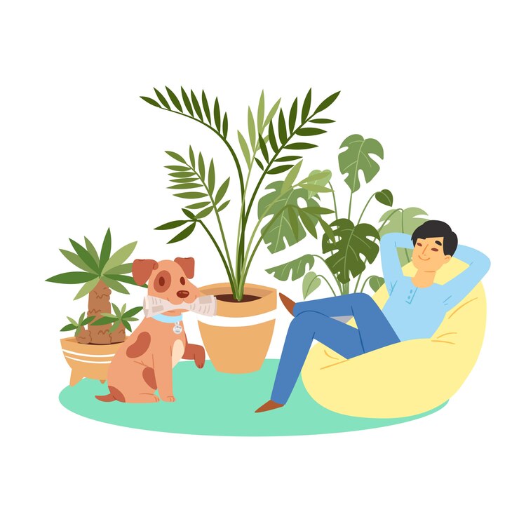 Vecteur homme heureux et chiot joyeux, animal de compagnie, mignon, homme heureux en appartement avec son meilleur ami, illustration de dessin animé.