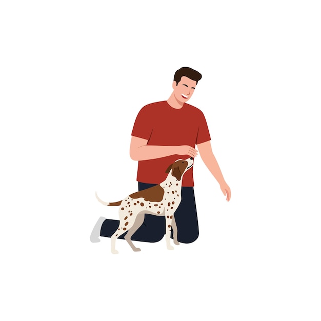 Un homme heureux jouant avec un chien ludique dans une illustration vectorielle minimale