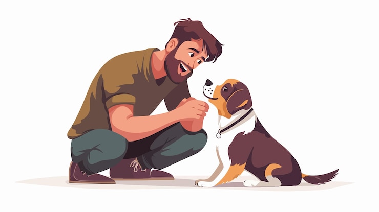Vecteur un homme heureux jouant avec son mignon chien dans une illustration de dessin animé