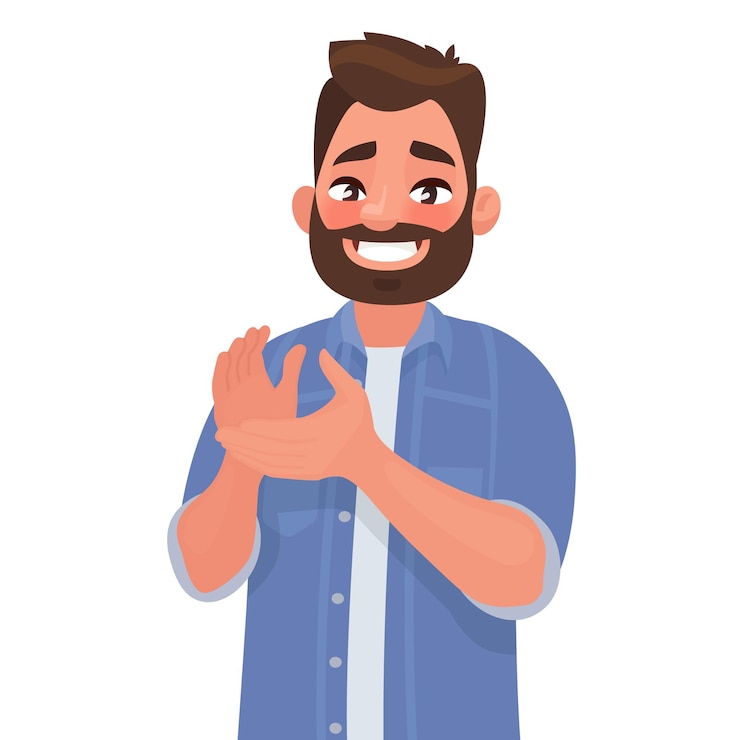 Vecteur un homme heureux tape dans ses mains. geste d'admiration. bravo. toutes nos félicitations. en style cartoon