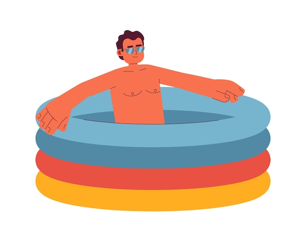 Homme Hispanique De Lunettes De Soleil Dans La Piscine Gonflable Personnage De Vecteur De Couleur Semi-plat Gars De La Piscine Relaxant Personne De Tout Le Corps Modifiable Sur Blanc Illustration De Spot De Dessin Animé Simple Pour La Conception Graphique Web