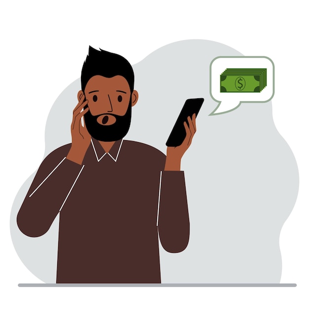 Un Homme Hurlant Tient Un Téléphone Qui A Reçu Un Message Sur L'argent Le Concept De Gain Ou De Perte De Revenus En Ligne
