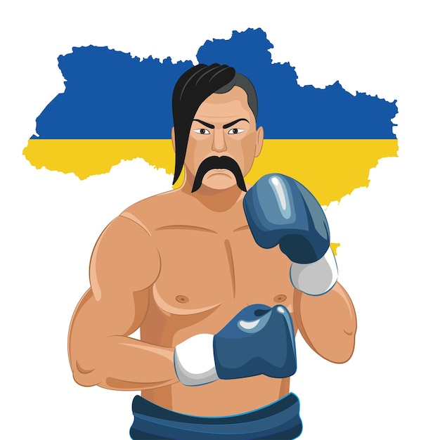 L'homme d'illustration vectorielle avec des gants de boxe protège l'Ukraine avec la carte du pays