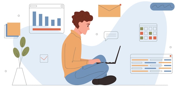 Vecteur homme impliqué dans le développement de logiciels ou de sites webjeune programmeur indépendant travaille sur un ordinateur portable