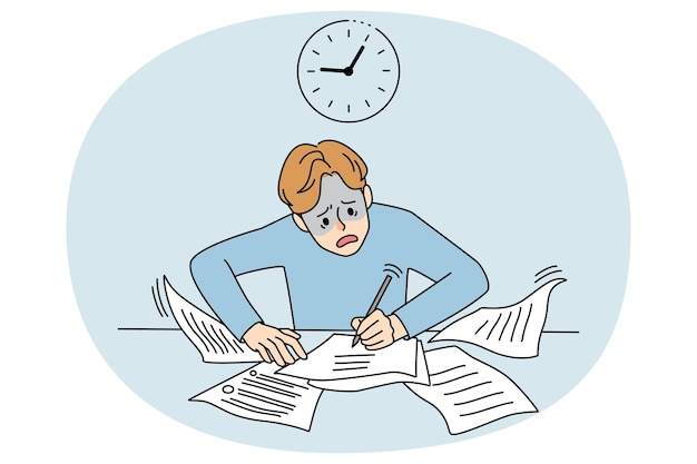 Homme inquiet écrivant anxieux au sujet de la date limite