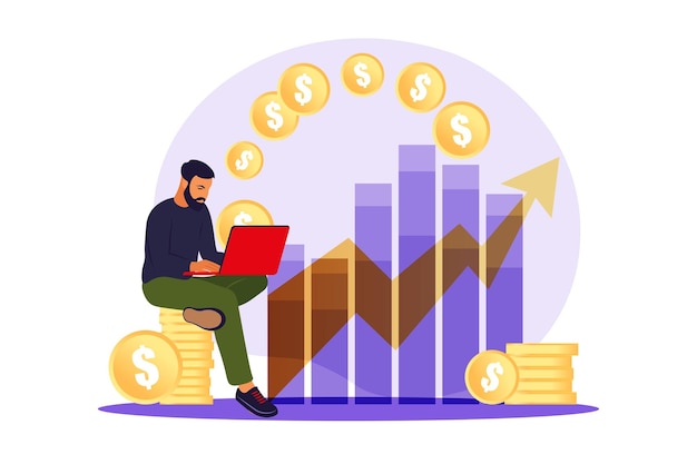 Homme investisseur avec ordinateur portable surveillant la croissance des dividendes. Trader investissant du capital, analysant les graphiques de profit. illustration plate.