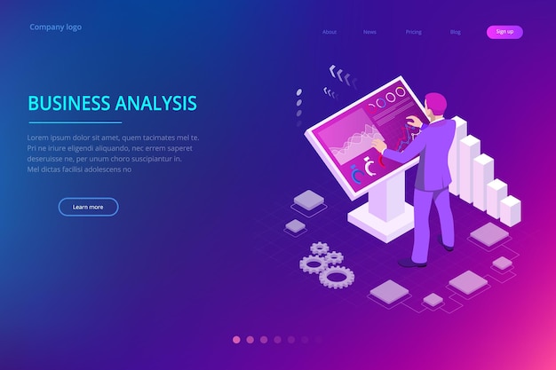 Homme isométrique devant le grand écran pour l'analyse des données Statistiques et déclaration commerciale Concept d'analyse commerciale du tableau de bord analytique
