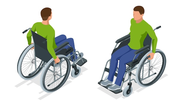 Vecteur homme isométrique en fauteuil roulant utilisant une rampe isolée chaise à roulettes utilisée lorsque la marche est difficile ou impossible en raison d'une maladie, d'une blessure ou d'un handicap équipement de soutien médical