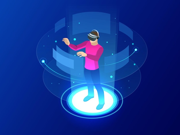 Homme isométrique portant un casque à lunettes avec une interface vr touchante. Dans le monde de la réalité virtuelle. Technologie future. Illustration vectorielle