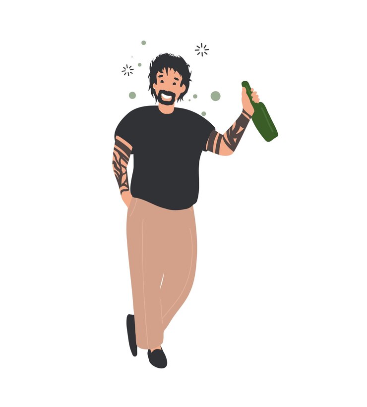 Vecteur homme ivre avec une bouteille de vin, illustration plate de dessin animé, alcoolisme, concept alcoolique