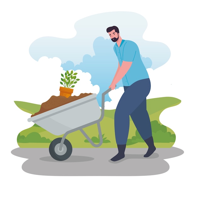 Homme de jardinage avec brouette et conception de plantes, plantation de jardin et nature