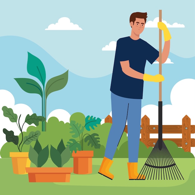 Vecteur homme de jardinage avec râteau et plantes à l'intérieur de la conception de pots, plantation de jardin et thème de la nature