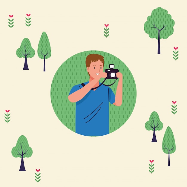 Homme Jeune Touriste à L'aide De L'illustration Du Personnage Photographique De L'appareil Photo