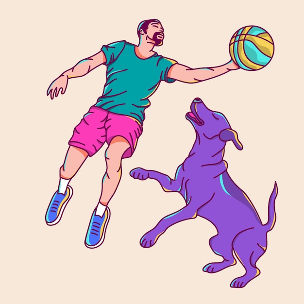 Vecteur homme jouant au basket avec un chien illustration vectorielle 2d