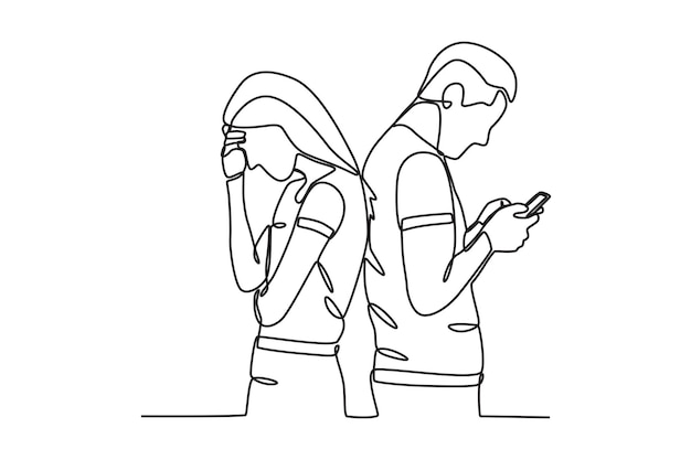 Un homme jouant au téléphone portable ignore sa petite amie dépendance au téléphone portables dessin en ligne