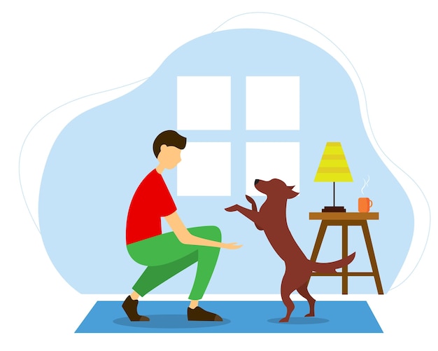 Homme Jouant Avec Un Chien Illustration Vectorielle Mignonne Dans Un Style Plat