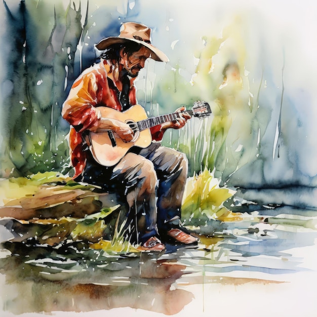 Vecteur homme jouant de la guitare dans la forêt peinture à l'aquarelle homme jouer de la guitarre dans la forêts waterco