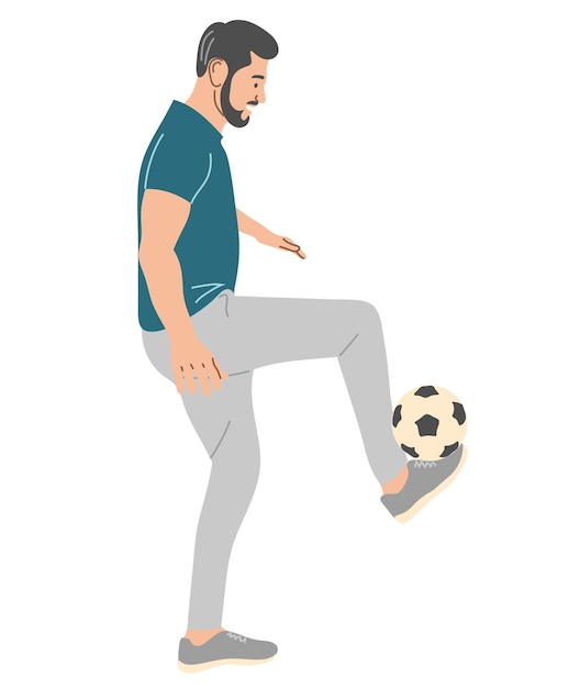 Un Homme Joue Avec Un Ballon De Football Vue Latérale Pleine Hauteur Illustration Vectorielle Plate