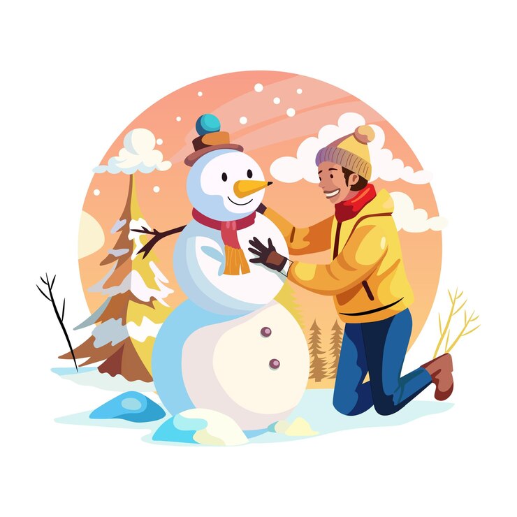 Vecteur un homme joue avec un bonhomme de neige qui a un bon homme de neige sur lui