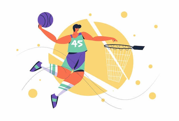 Vecteur homme de joueur de basket-ball abstrait avec ballon effectuant un slam dunk en compétition dans un personnage de dessin animé