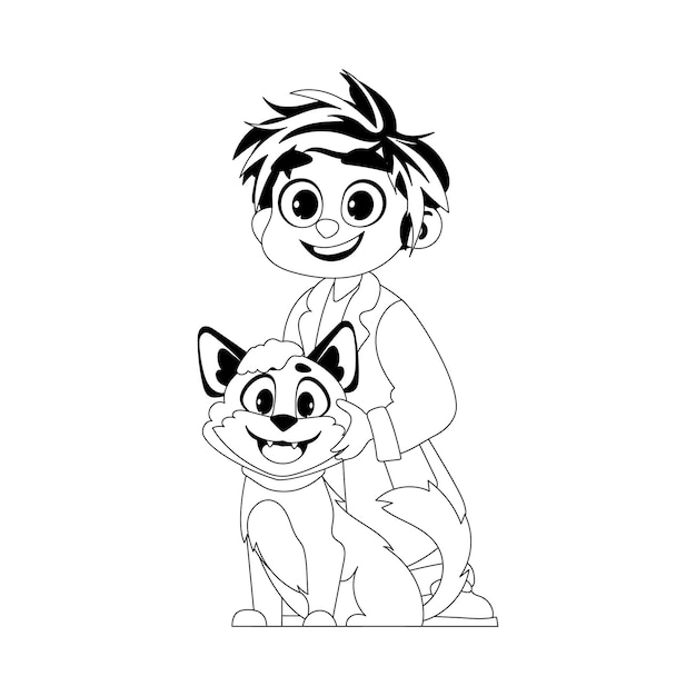 Un Homme Joyeux Qui Aime Et S'occupe Des Animaux, Y Compris Un Chat Très Mignon. Coloriage Pour Enfants