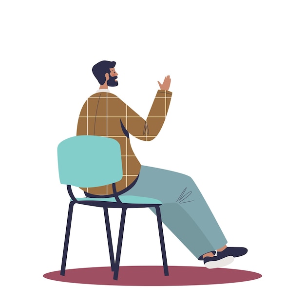 Un Homme Levant La Main Tout En écoutant Des Cours De Formation Au Développement Ou Une Conférence Assis Sur Une Chaise, Vue Arrière. Participant à Une Leçon Masculine Ou à Un Discours D'entraîneur. Illustration Vectorielle Plane De Dessin Animé