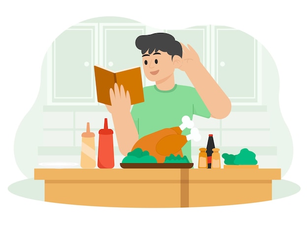 Vecteur homme lisant un livre de recettes dans la cuisine illustration de cuisine