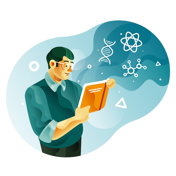 Vecteur un homme lisant un livre de science illustration