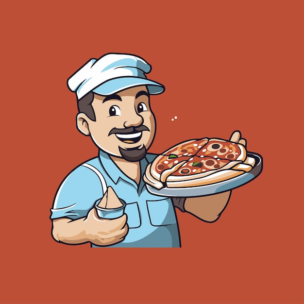 Vecteur l'homme de la livraison de pizza tenant une pizza illustration vectorielle dans le style de dessin animé