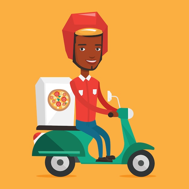Vecteur homme livrant une pizza sur scooter.
