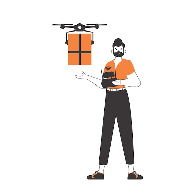 Vecteur un homme livre un colis par drone concept de livraison aérienne style moderne linéaire isolé sur fond blanc illustration vectorielle