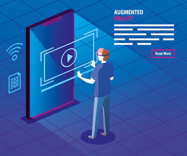 Homme Avec Des Lunettes De Réalité Augmentée Et Smartphone