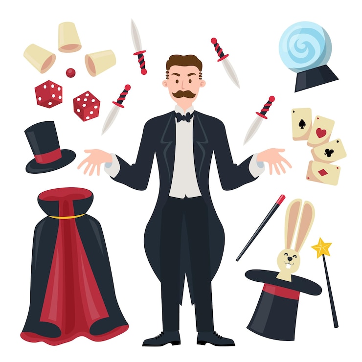 Vecteur l'homme magicien et l'équipement professionnel pour le spectacle