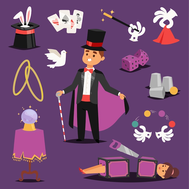 Vecteur homme magique illusionniste et a vu la femme sur les icônes de la scène bunny hat ball fantasy sorcellerie théâtre magique