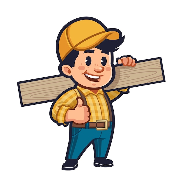 Homme à main qui porte des planches de bois Mascotte d'une entreprise de revêtements de sol