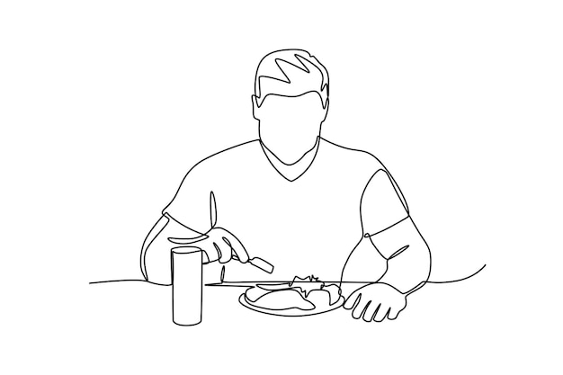 Un homme mangeant une salade et un verre de lait Concept de nutrition équilibrée dessin en ligne