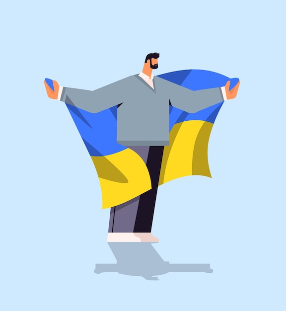 Homme Manifestant Tenant Le Drapeau Ukrainien Priez Pour La Paix En Ukraine Sauvez L'ukraine De La Russie Arrêtez Le Concept De Guerre Illustration Vectorielle Pleine Longueur