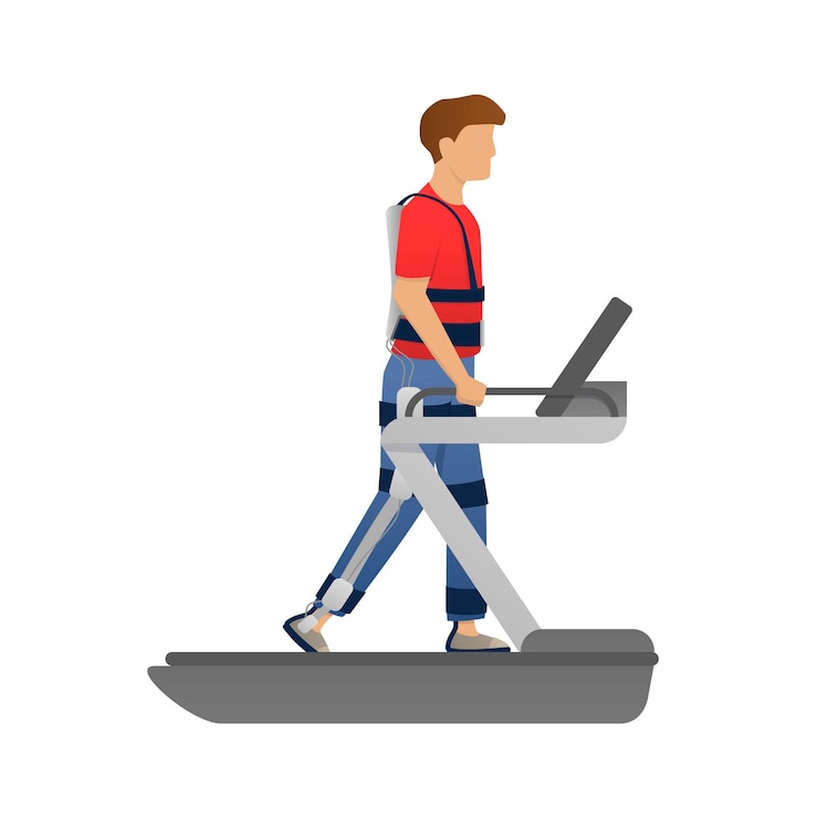 Vecteur homme marchant avec exosquelette médical sur tapis roulant