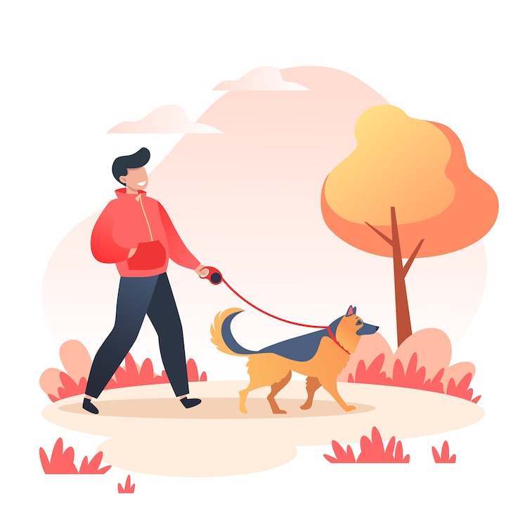 Vecteur homme marchant son chien heureux en automne parc, concept de soins pour animaux de compagnie, race de chien berger allemand