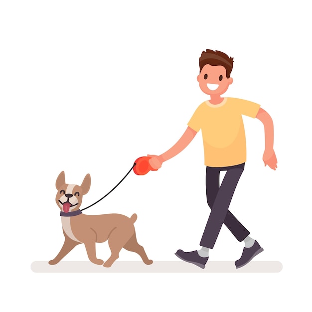 L'homme Marche Avec Un Chien. Dans Un Style Plat