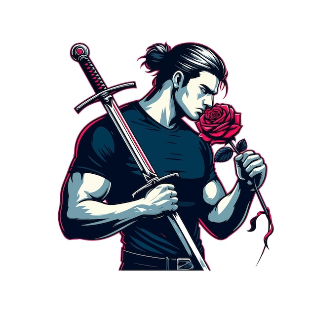 Vecteur un homme masculin avec une épée sent les roses.