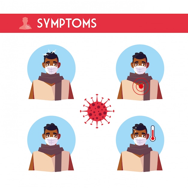 Homme Avec Masque Et Covid 19 Virus Symptômes Vector Design