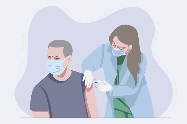 Homme avec masque facial prenant le vaccin corona d'une infirmière dans un centre de vaccination