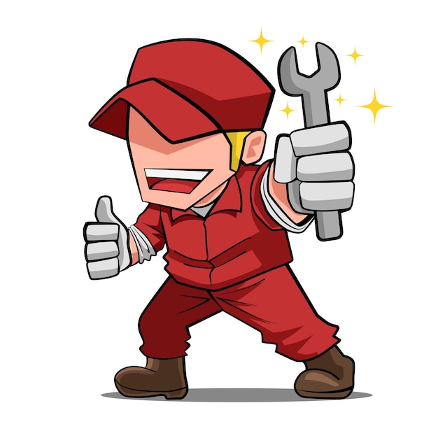 Vecteur homme mécanicien portant un uniforme rouge mascotte de personnage de dessin animé tenant une clé anglaise illustration